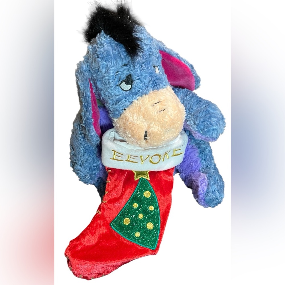 Disney Eeyore Plush with Red Christmas Stocking
